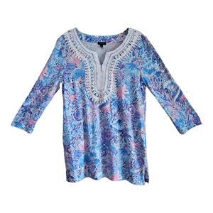 TALBOTS Women's S Tunic Top Ocean Print Blue Pink Coastal Resort Pima Cotton 34"